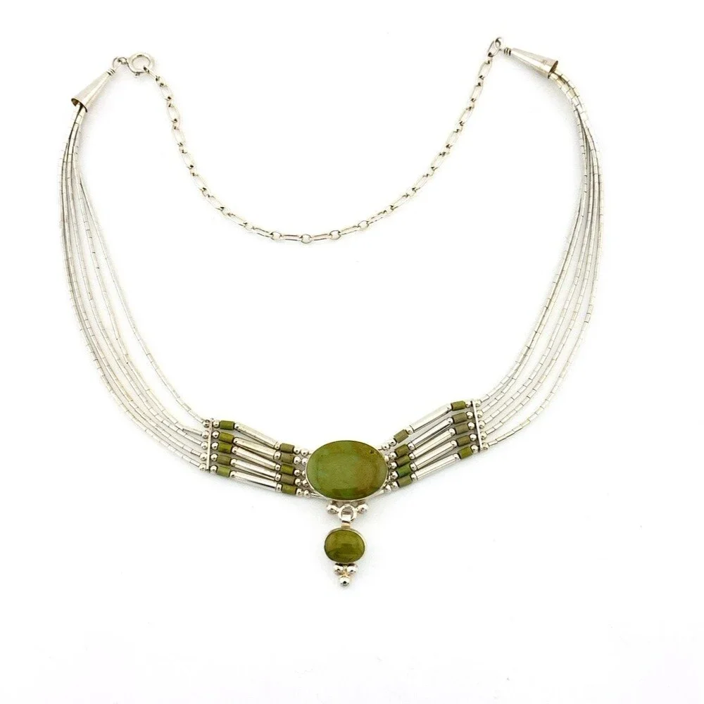 Sterling Silver Green Turquoise Multi Strand Liquid Silver Necklace Adjustable